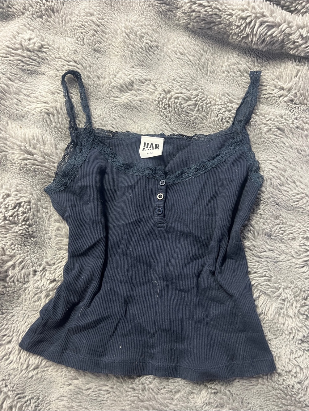 Harlow Navy Ribbed Lace-Trim Cami with Button Front